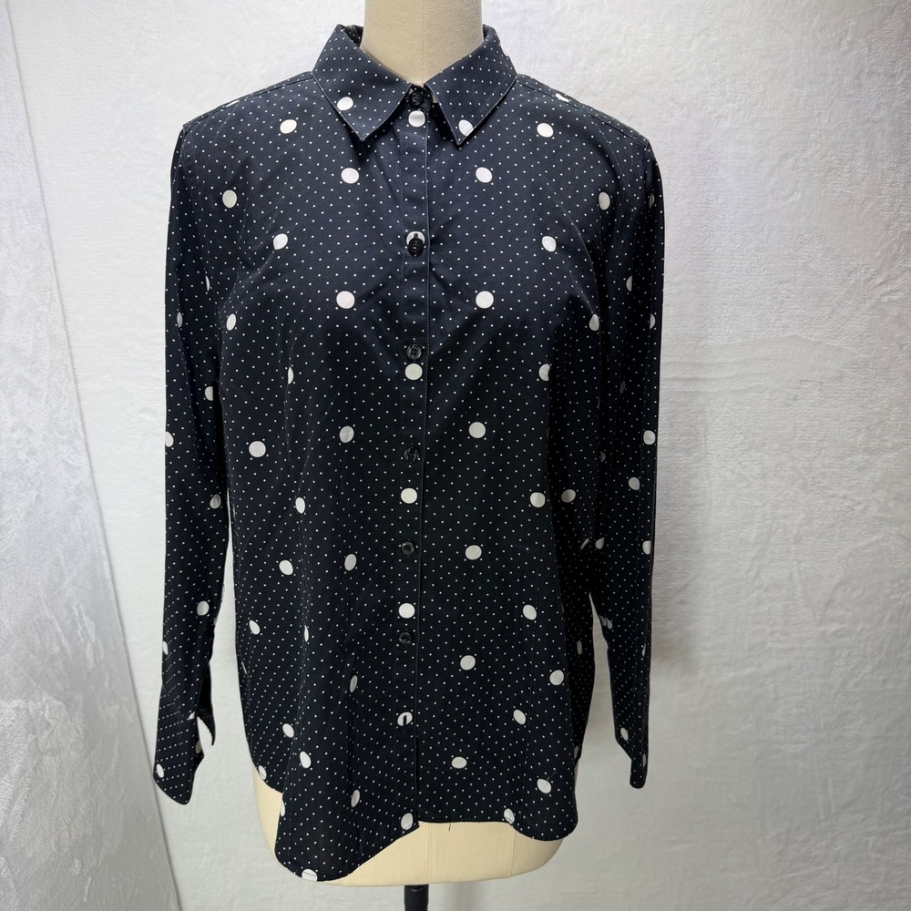 Chicos L Black White Polka Dot Button Down Long Sleeve Collared Shirt Blouse